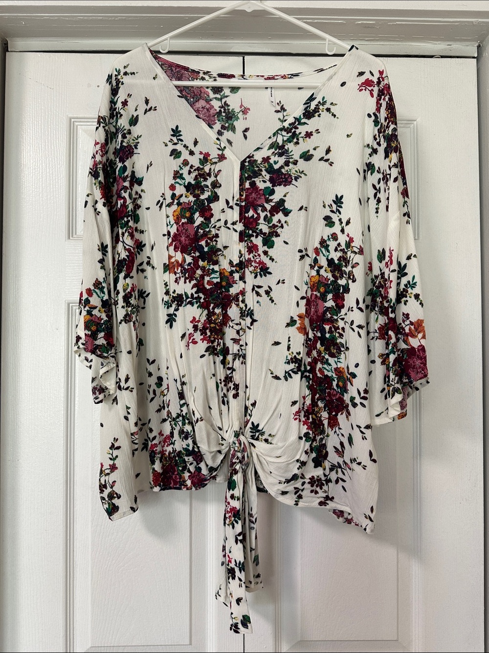 Floral Tie-Front V-Neck Blouse - White/Multi